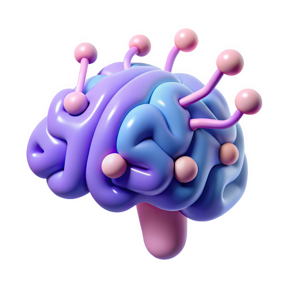 Stylized 3 D Brain Icon Purple Blue Pink Circuit Lines Connections Nodes Mobile Wallpaper isolated on a transparent background png
