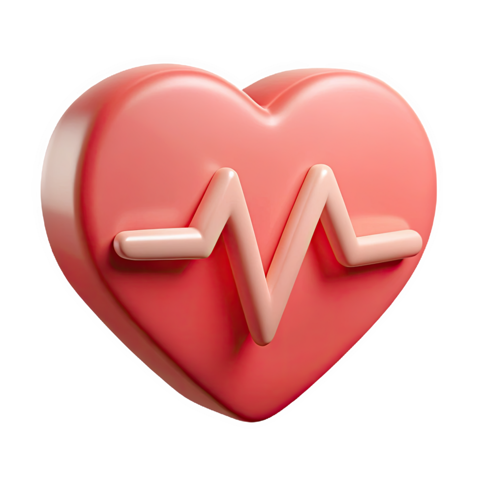 Three dimensional coral pink heart icon with an embossed peach colored electrocardiogram symbol isolated on a transparent background png