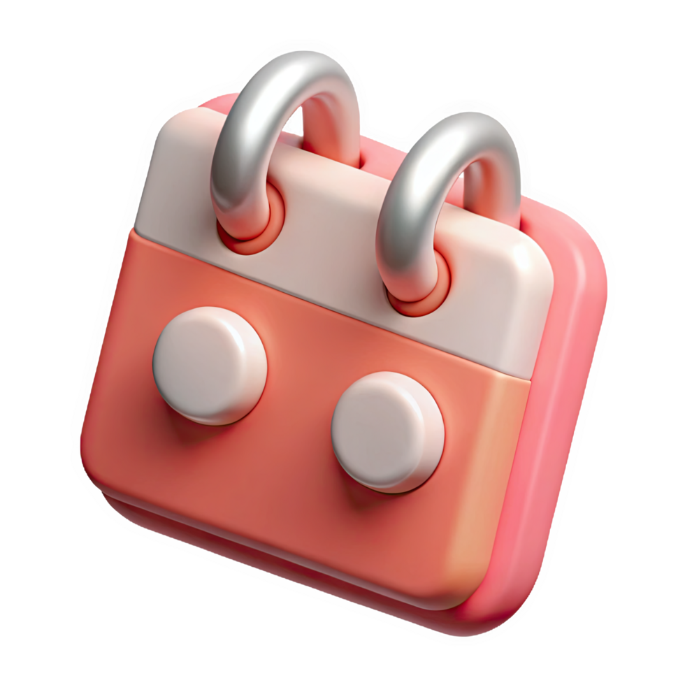 Three dimensional coral pink calendar icon featuring two metallic silver rings at the top and a grid layout with off white circular buttons isolated on a transparent background png