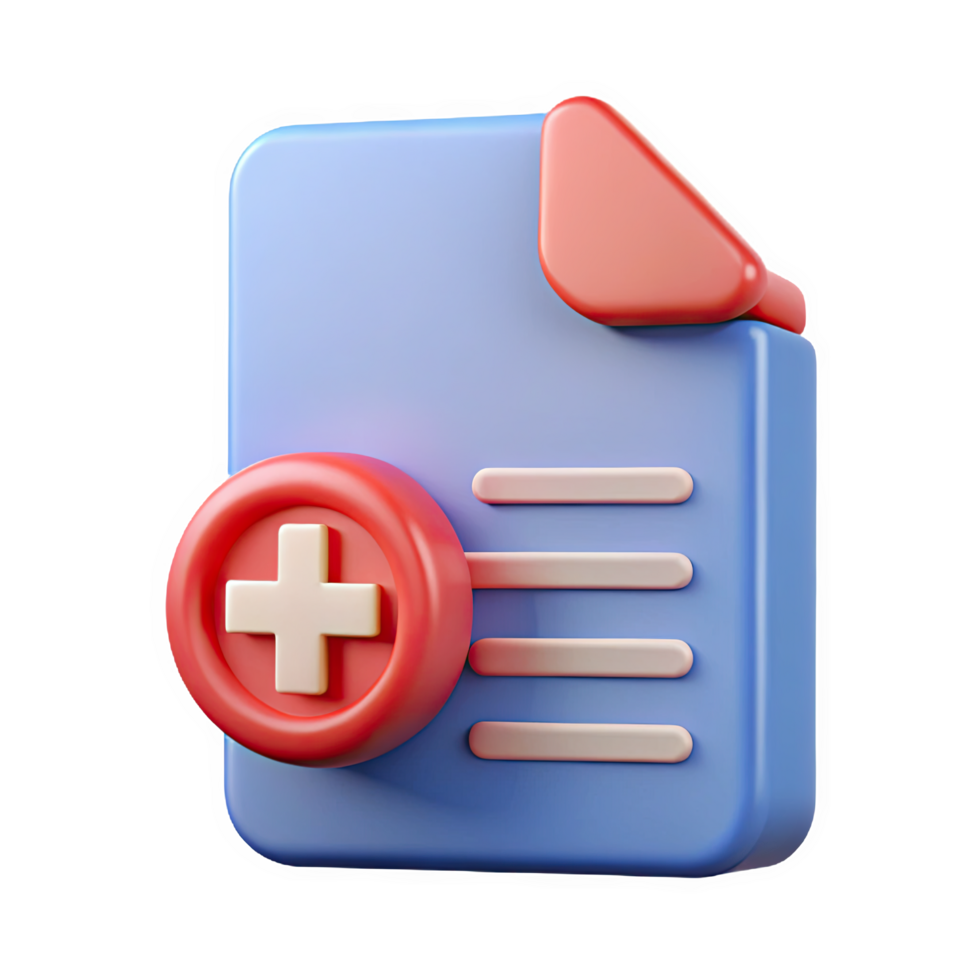 Three dimensional medical document icon featuring a red cross badge on a periwinkle blue document with soft pink lines isolated on a transparent background png