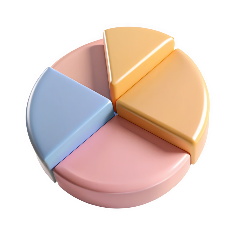 Three Dimensional Pastel Pie Chart Icon One Slice Pulled Outward Light Blue Pink Orange Segments isolated on a transparent background png