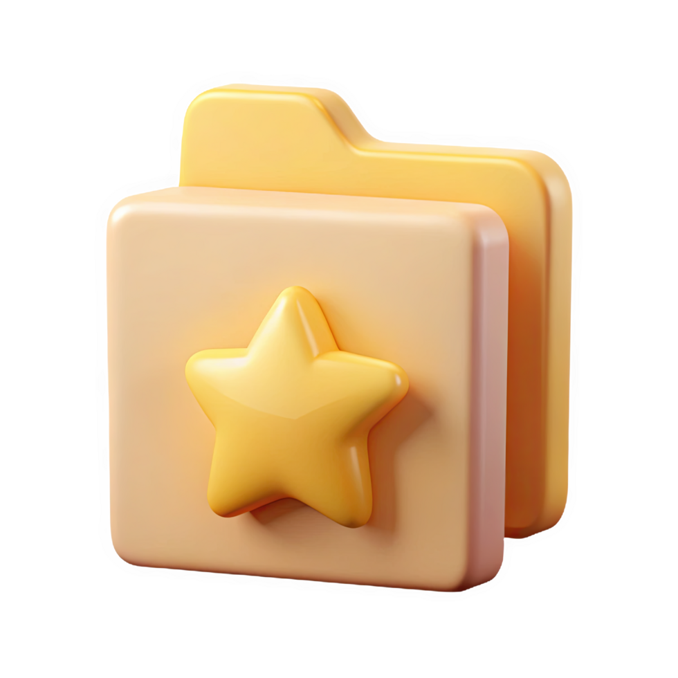 Three dimensional pastel orange folder icon with a gold star overlay rendered in a soft style isolated on a transparent background png