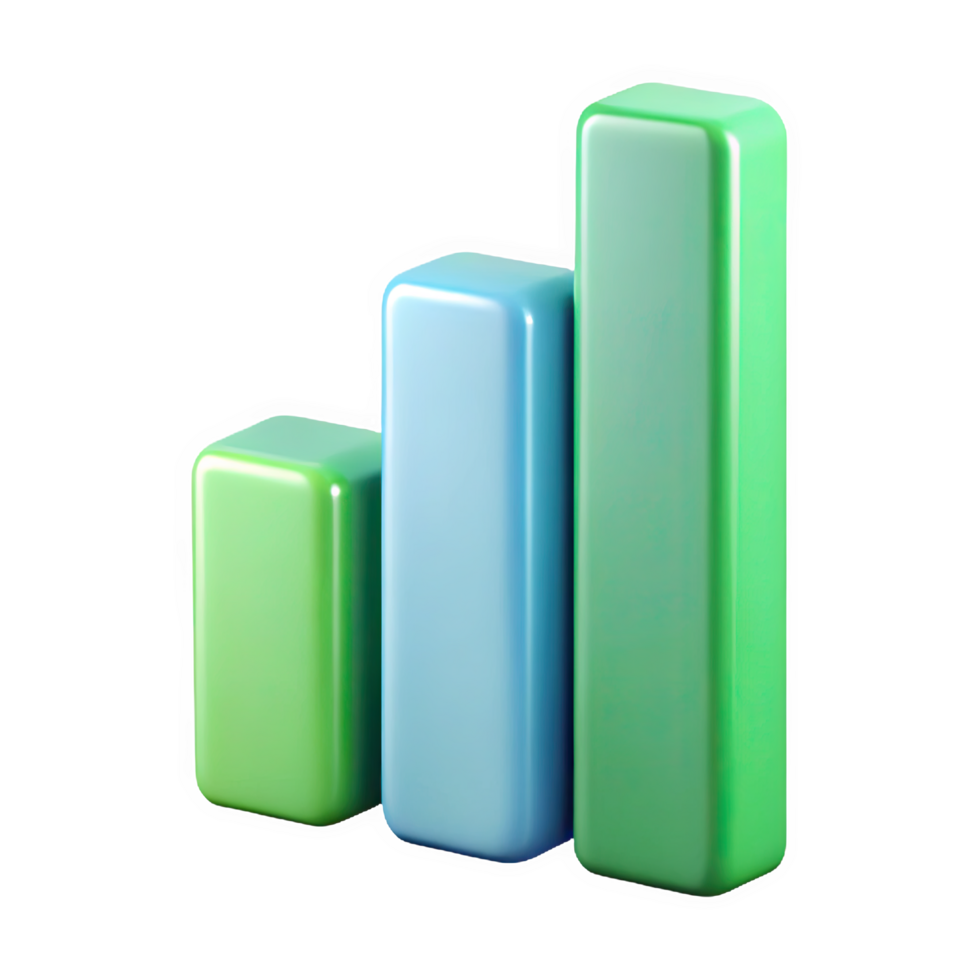 Three dimensional vertical bar chart with ascending green and blue bars isolated on a transparent background png