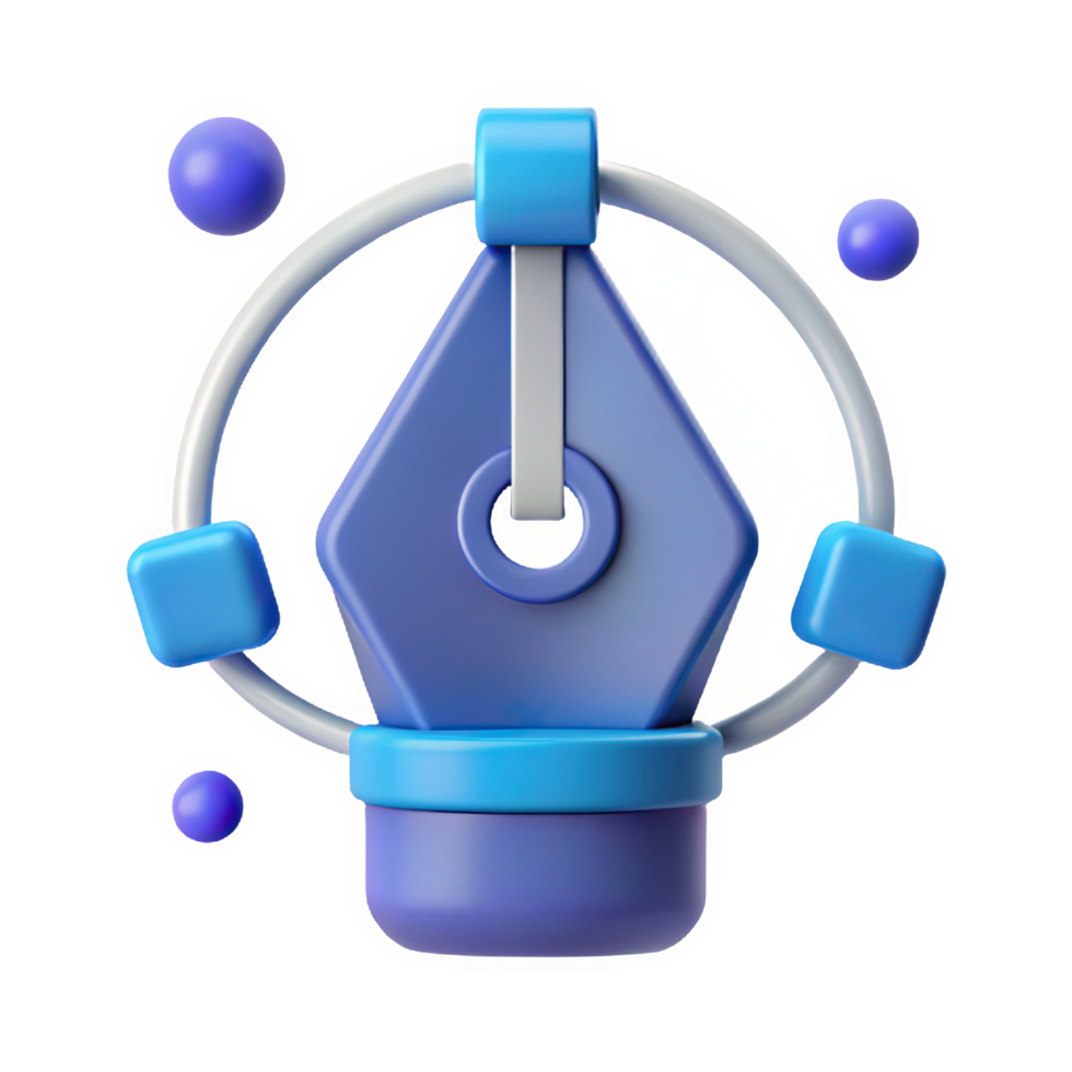 3 D blue pen tool icon with bezier handles and purple spheres isolated on a transparent background png