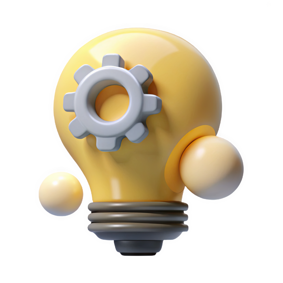 Yellow 3 D Lightbulb Icon with Gray Gear and Small Interlocking Yellow Spheres Isolated on a transparent background png