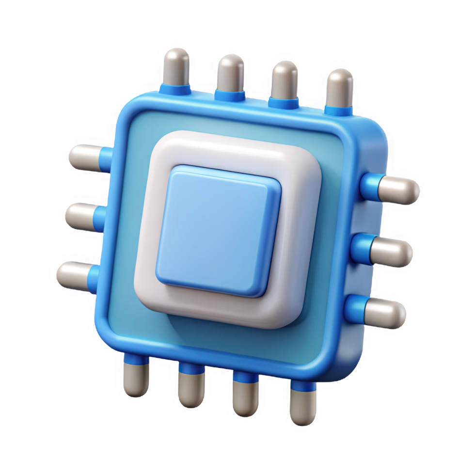 3 D Render of a Blue and White Microchip C P U Icon with Silver Pins Central Processing Unit isolated on a transparent background png