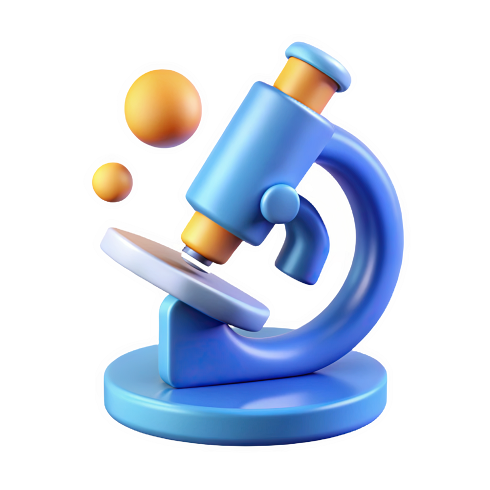 3 D Render of a Blue and Orange Microscope Icon with Smooth Metallic Frame and Two Small Orange Spheres isolated on a transparent background png