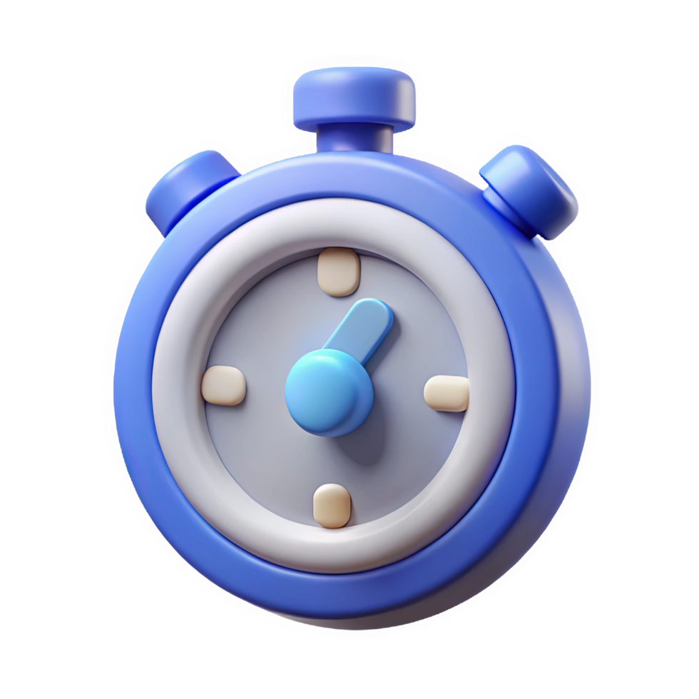 3 D Render of a Blue Stopwatch Icon with Rounded Dial and Side Button Light Beige Markers and a Light Blue Hand isolated on a transparent background png