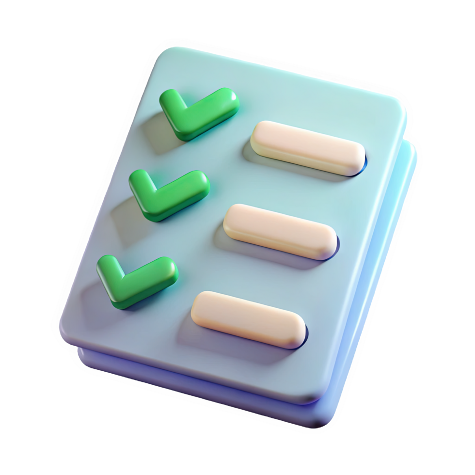 3 D Render of a Checklist Icon Stacked Sheets Pale Blue Green Checkmarks Cream Rectangles Mobile Wallpaper isolated on a transparent background png