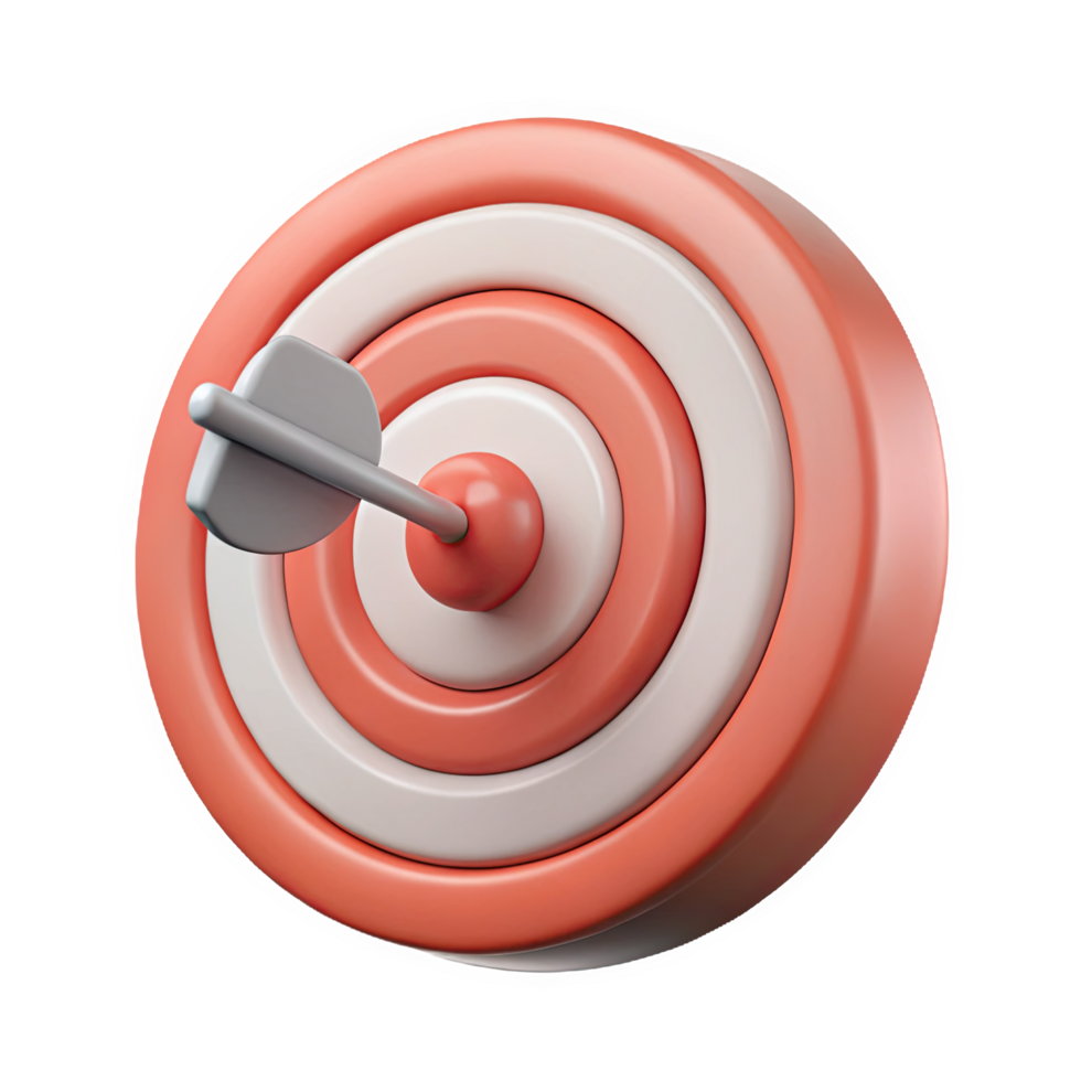 3 D Render of a Coral and Off White Concentric Ring Target Board with a Gray Dart in the Bullseye isolated on a transparent background png