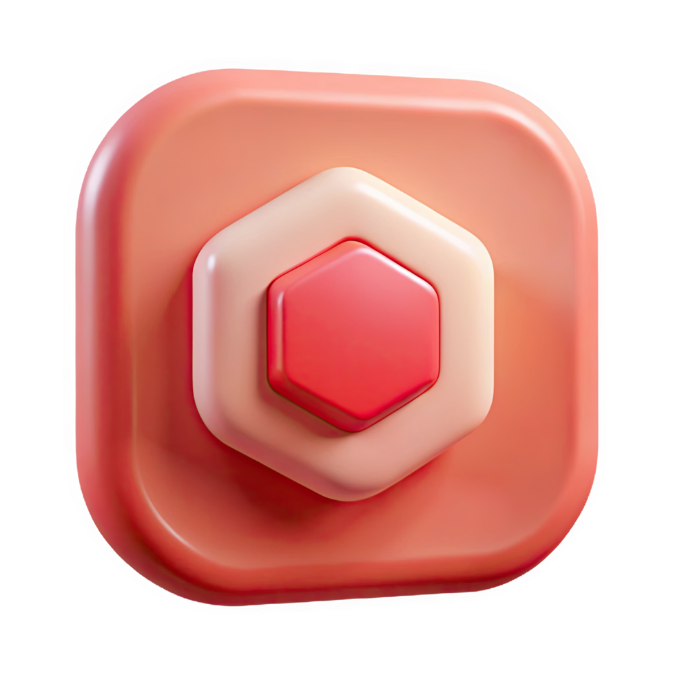 3 D Render of a Coral Rounded Square Icon Featuring a Nested Hexagon Stop Sign in Peach and Red Hues isolated on a transparent background png