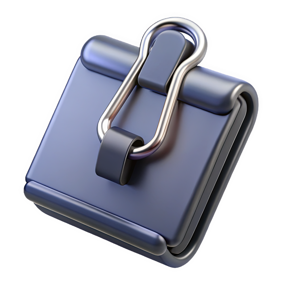 3 D Render of a Dark Blue Metallic Binder Clip Icon with a Silver Frame and Black Accents isolated on a transparent background png