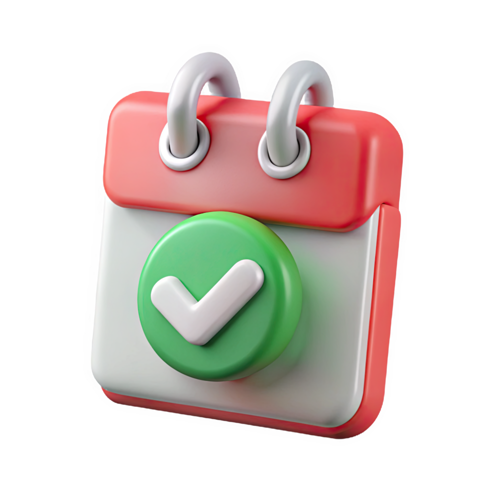 3 D Render of a Coral Red Calendar Icon with a Green Checkmark Badge isolated on a transparent background png