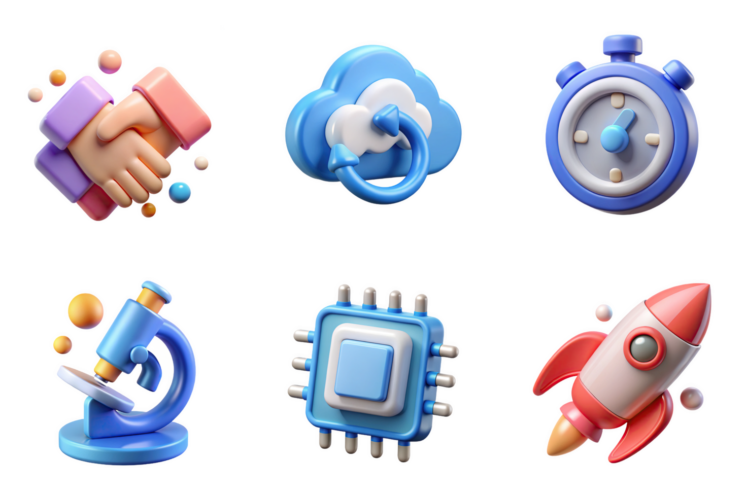 Handshake cloud refresh stopwatch microscope processor rocket Icon Set isolated on a transparent background png