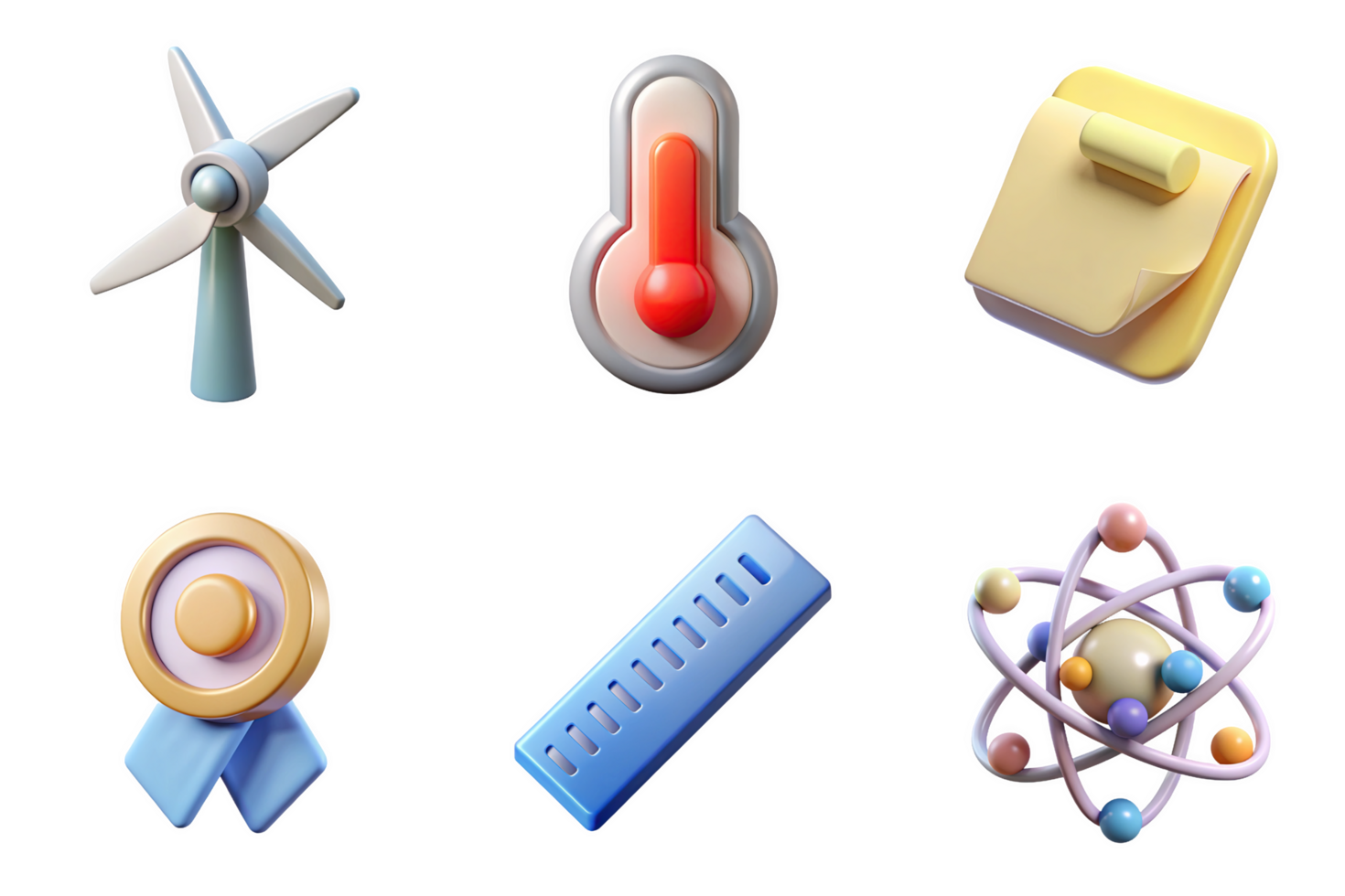 Windmill thermometer sticky notes award ribbon ruler atomic model isolated on a transparent background png