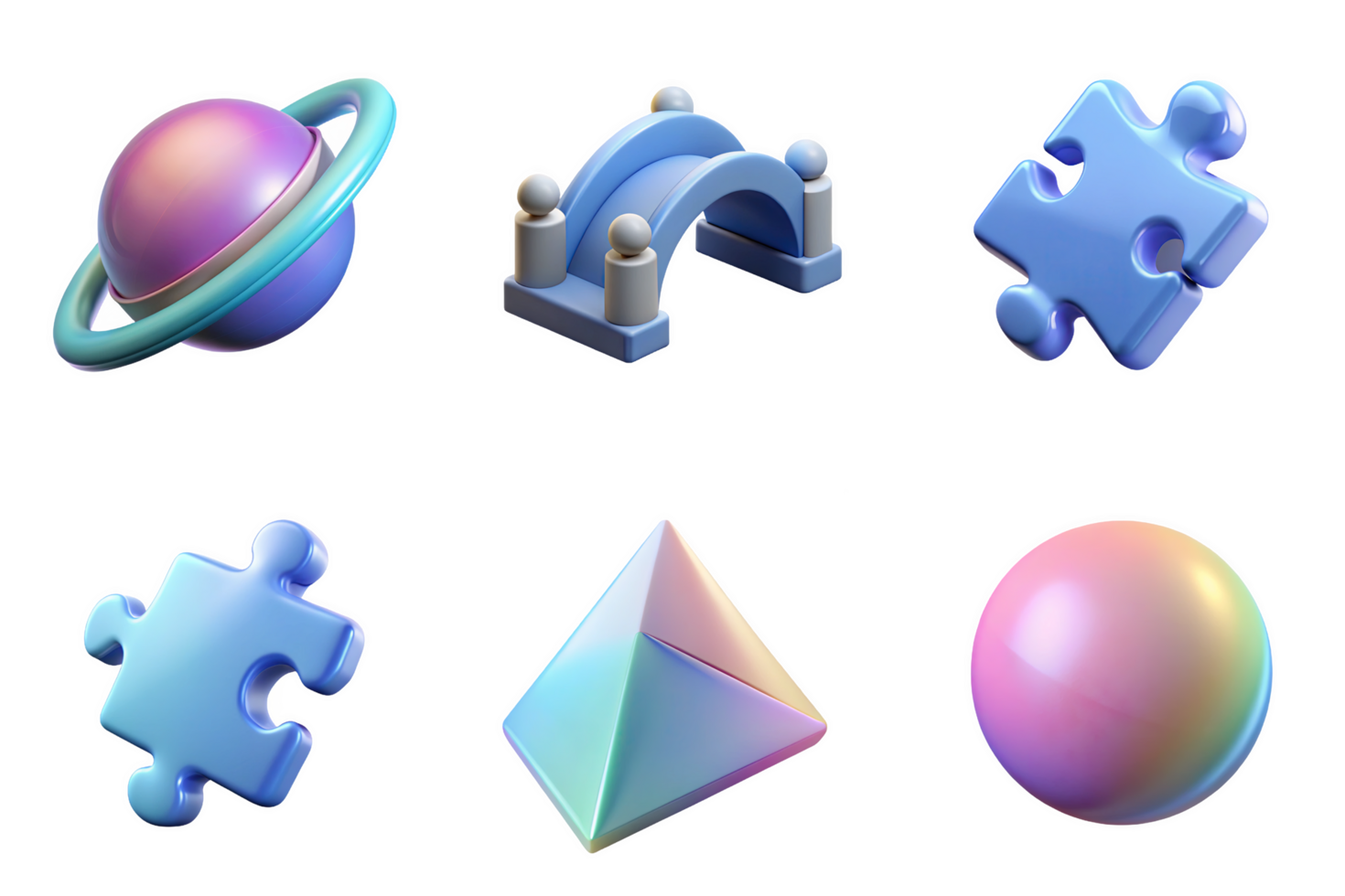Planet bridge puzzle pyramid sphere icon set isolated on a transparent background purple blue png