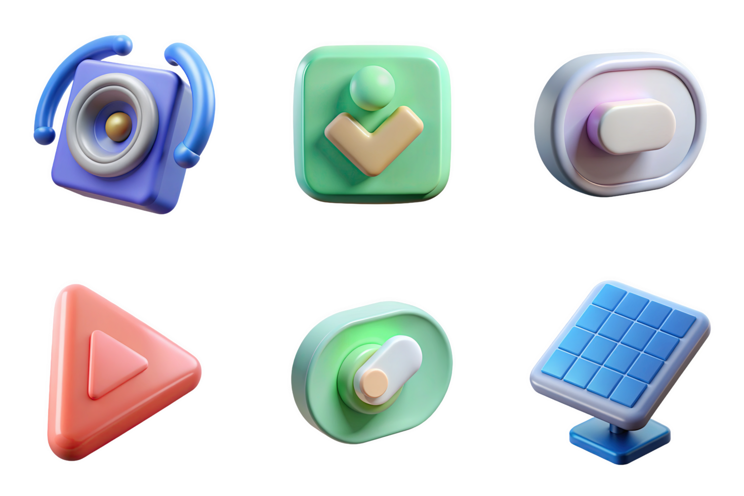 Blue speaker with gold center and curved handles green square with peach chevron and ball light purple circle with white toggle green oval with white and... isolated on a transparent background png