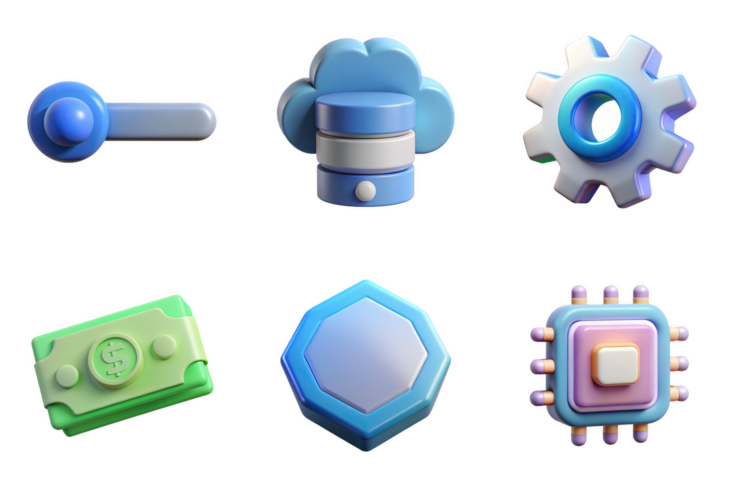 Blue cloud database gear switch money chip octagon isolated on a transparent background technology icon png
