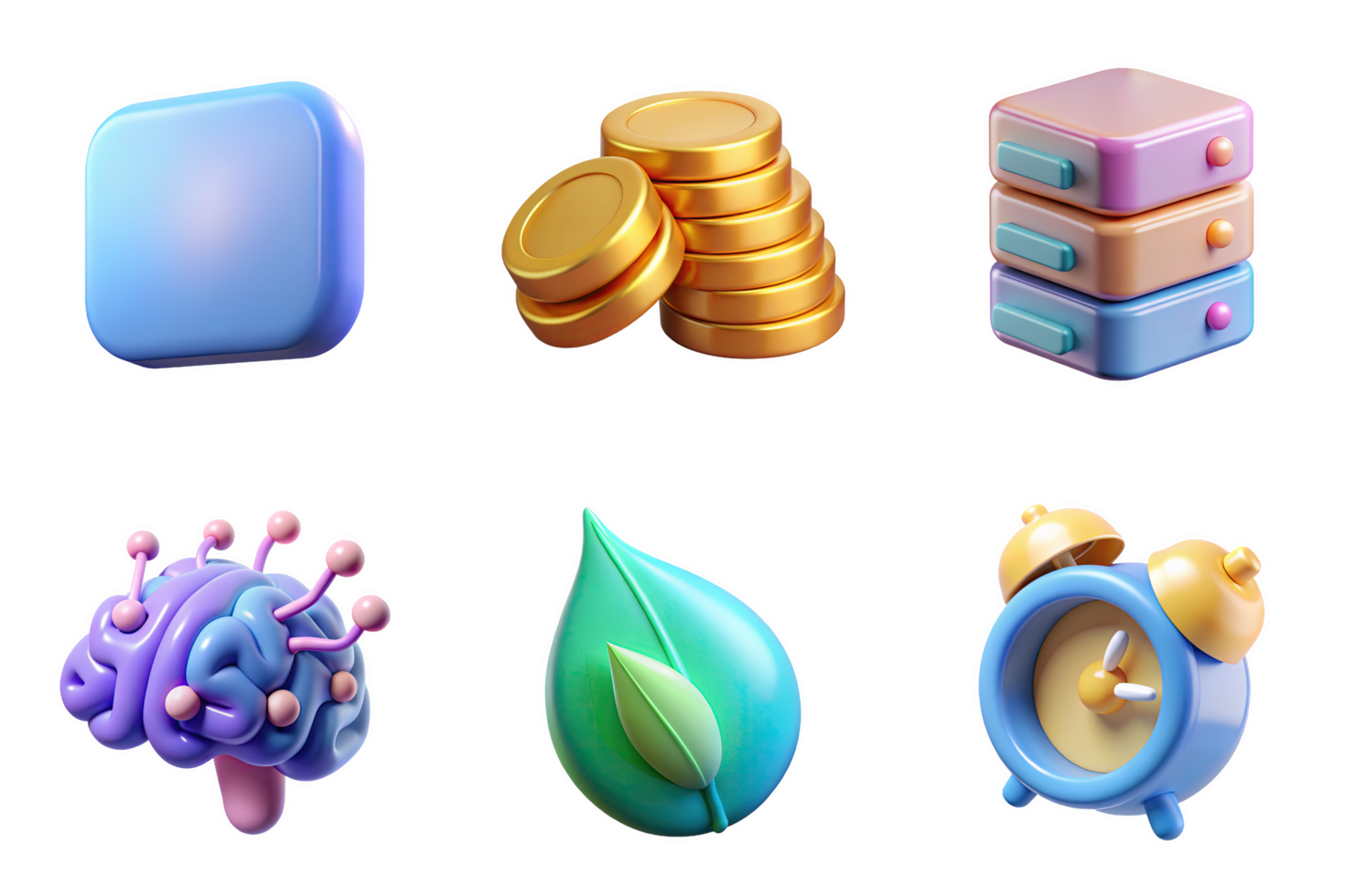 Blue rounded square golden coins stacked pastel drawers purple brain green leaf blue alarm clock isolated on a transparent background png