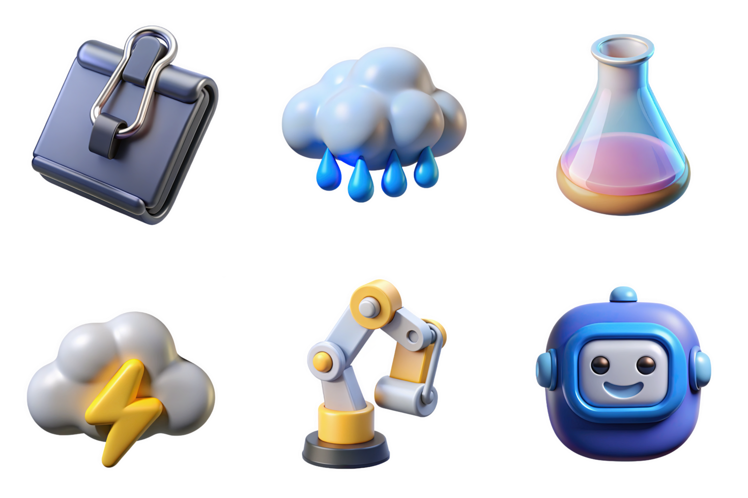 Clipboard flask rain lightning robot industrial icon set isolated on a transparent background paper metal png