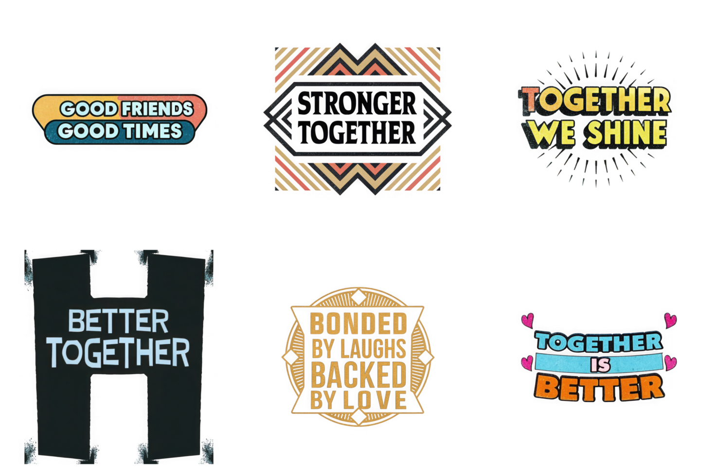 Friendship quotes graphic designs with colorful lettering and decorative elements isolated on a transparent background png