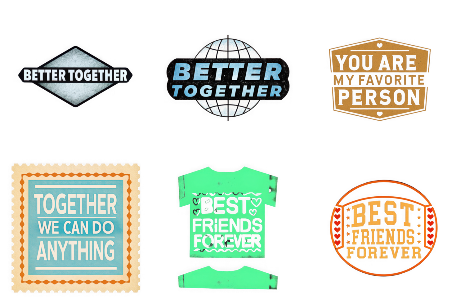 Friendship quotes and designs featuring togetherness and best friends forever isolated on a transparent background png