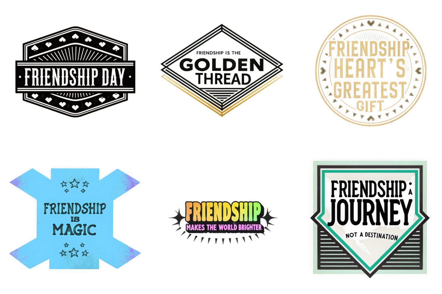 Friendship day celebration graphics with varied designs and colors isolated on a transparent background png