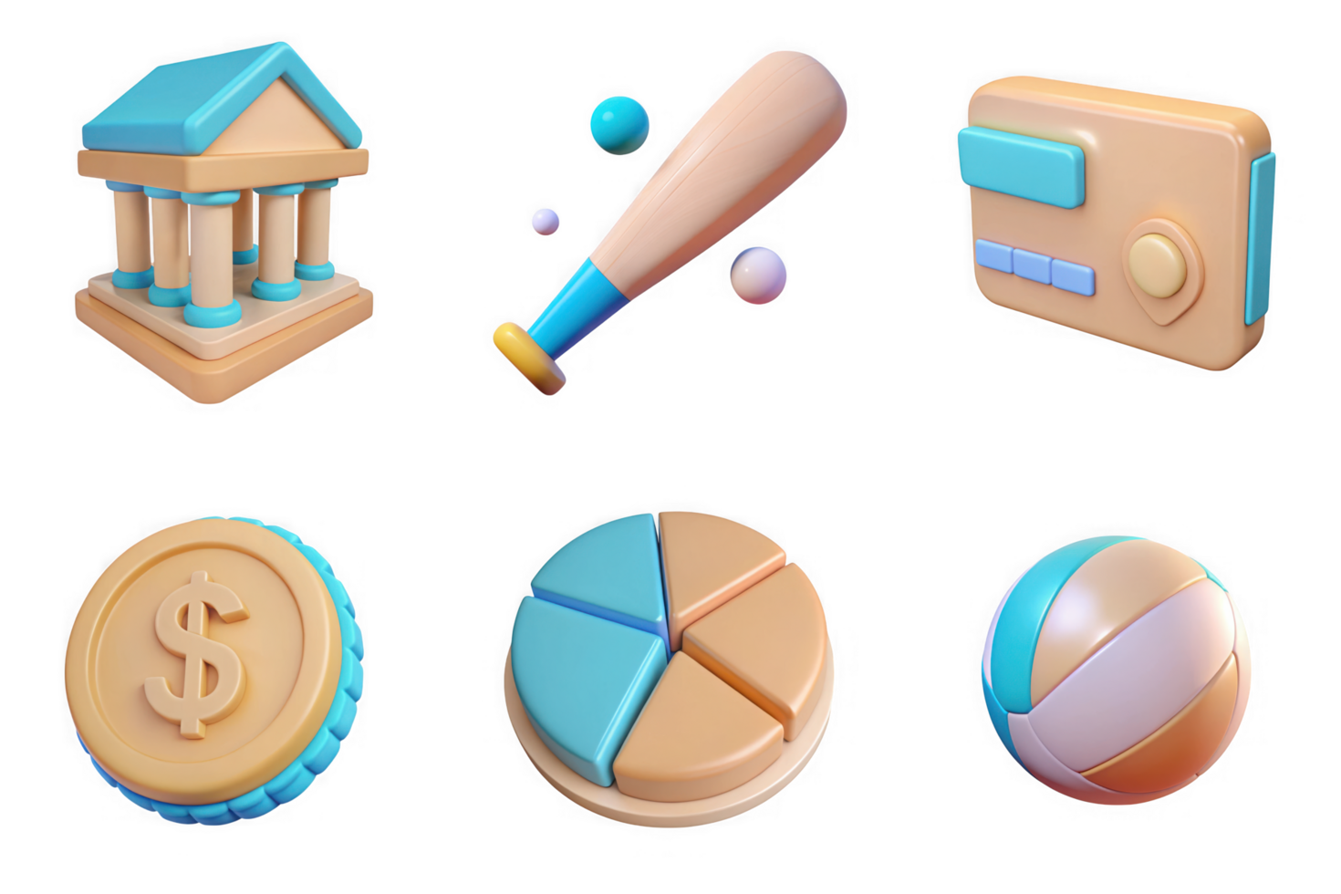 Bank building baseball bat credit card coin chart pie volleyball isolated on a transparent background png