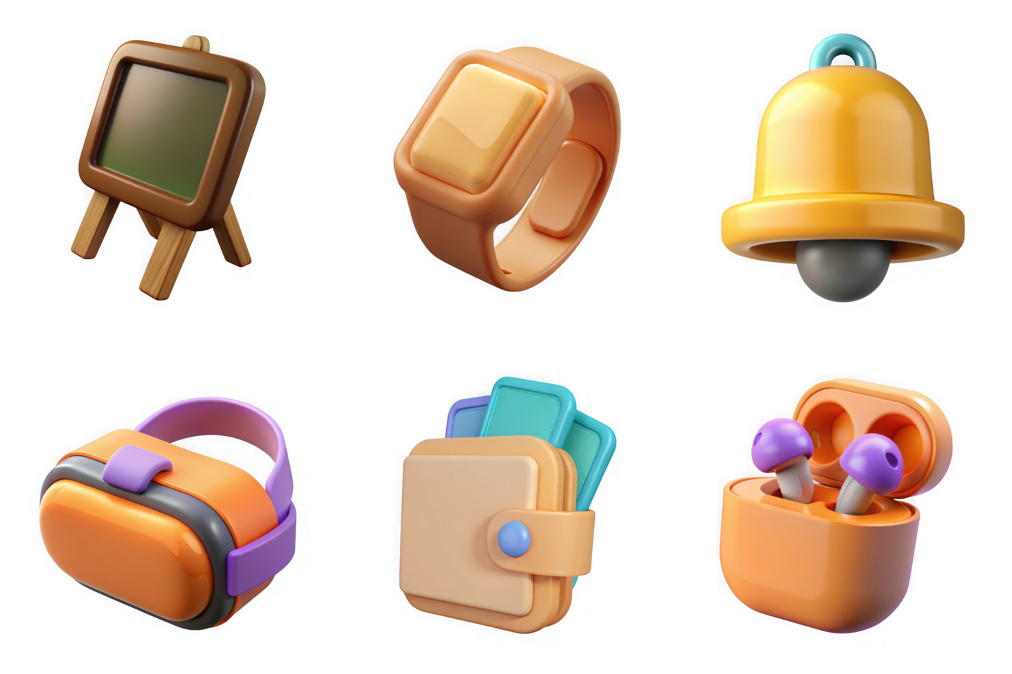Easel blackboard smartwatch bell vr headset wallet wireless earbuds isolated on a transparent background png
