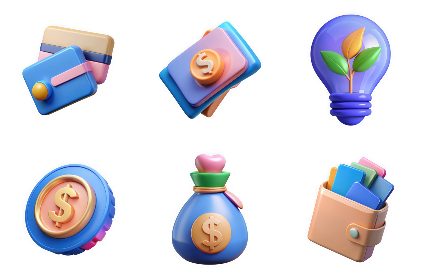 Financial Icons Wallet Coin Money Bag Lightbulb isolated on a transparent background finance cash png