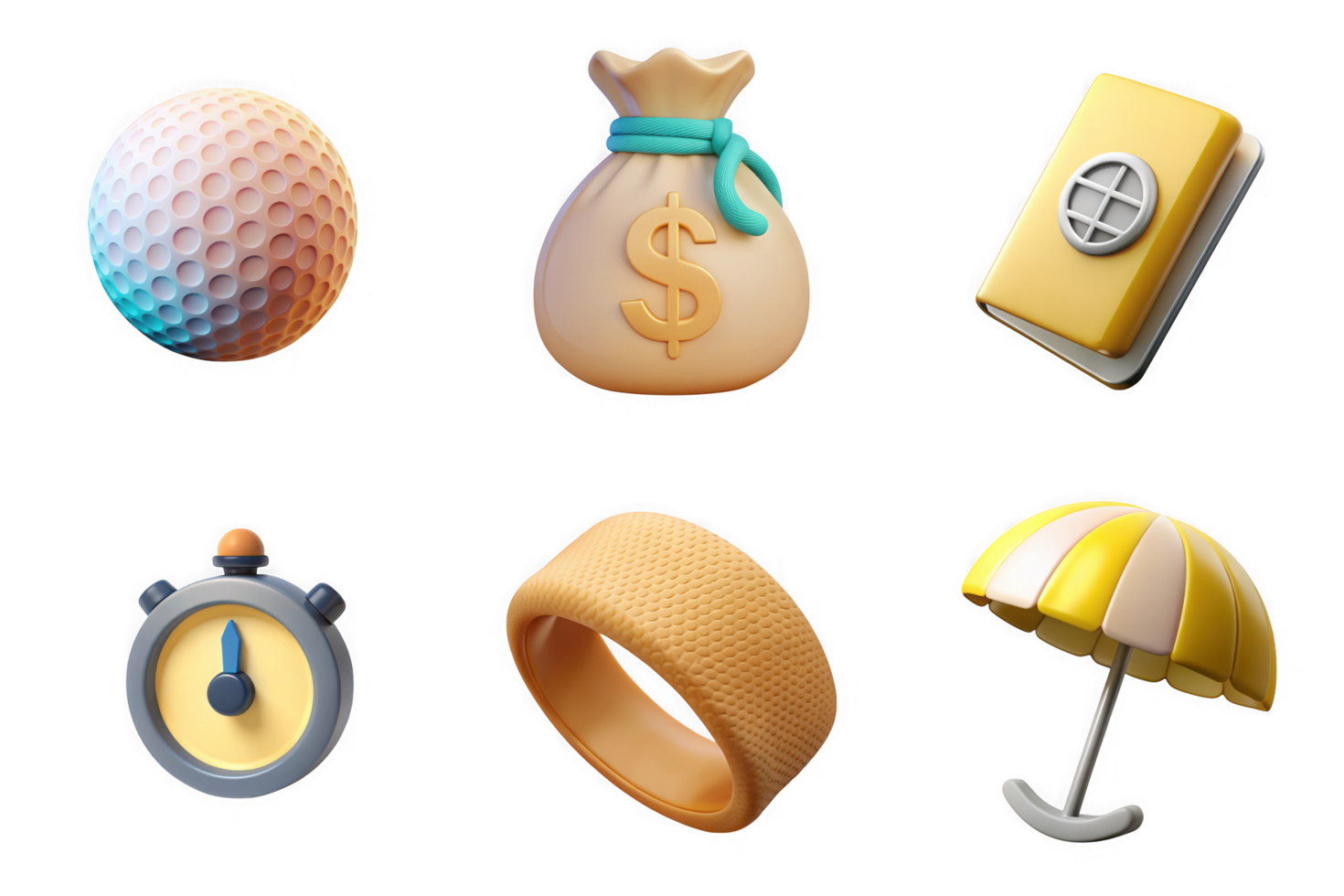 Golf ball money bag passport stopwatch ring umbrella Icon Set isolated on a transparent background dimpled png