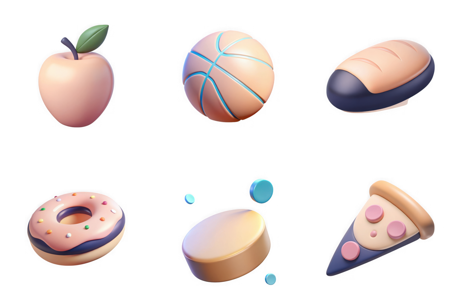Peach apple basketball bread donut hockey puck pizza slice isolated on a transparent background fruit png