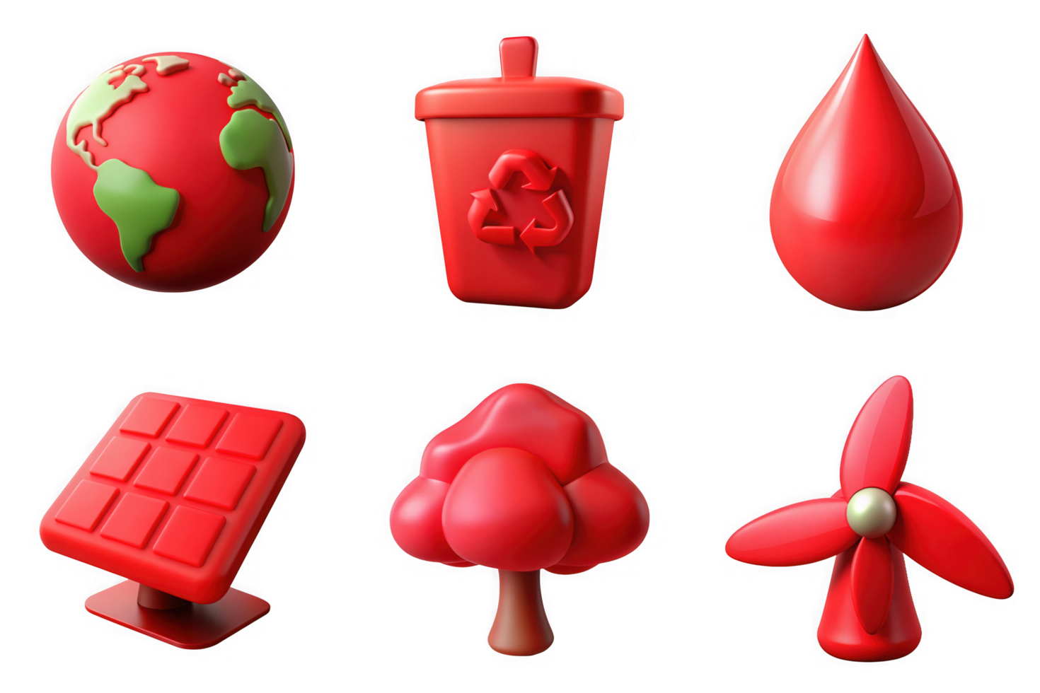Red environmental icons globe recycling bin blood drop solar panel tree wind turbine isolated on a transparent background png