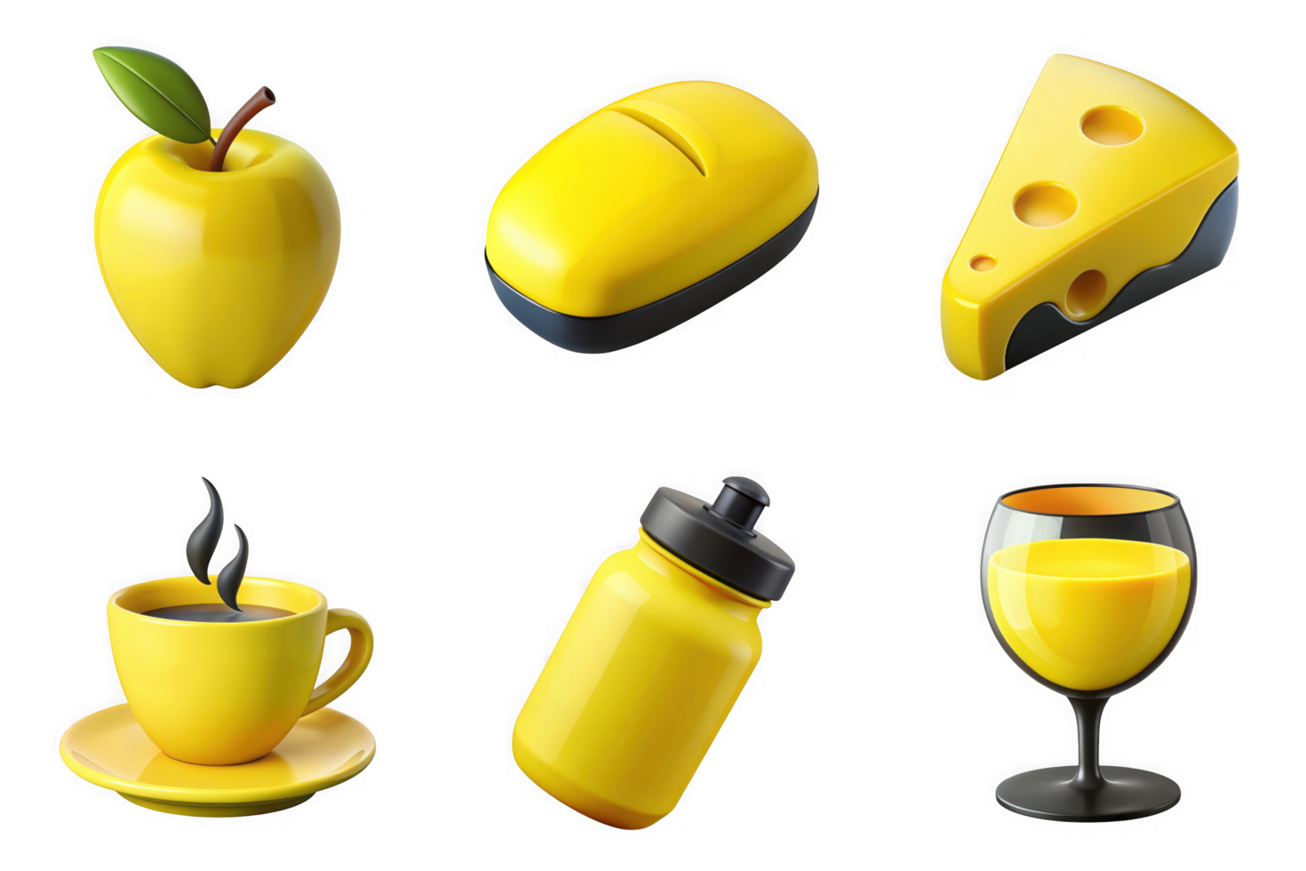 Yellow apple coffee cup cheese slice water bottle juice glass isolated on a transparent background fruit png