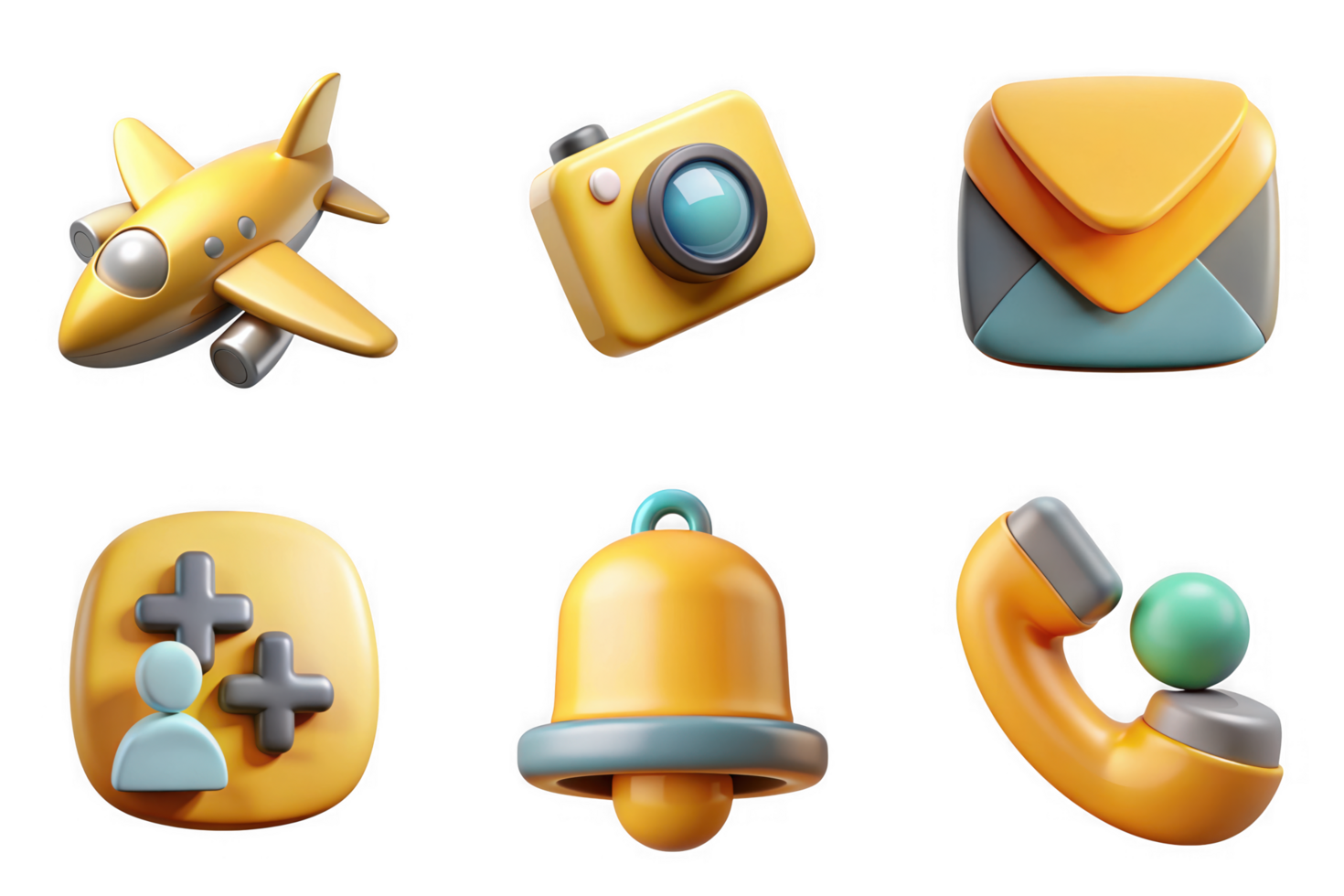 Yellow airplane camera envelope user add bell telephone icons isolated on a transparent background lens png