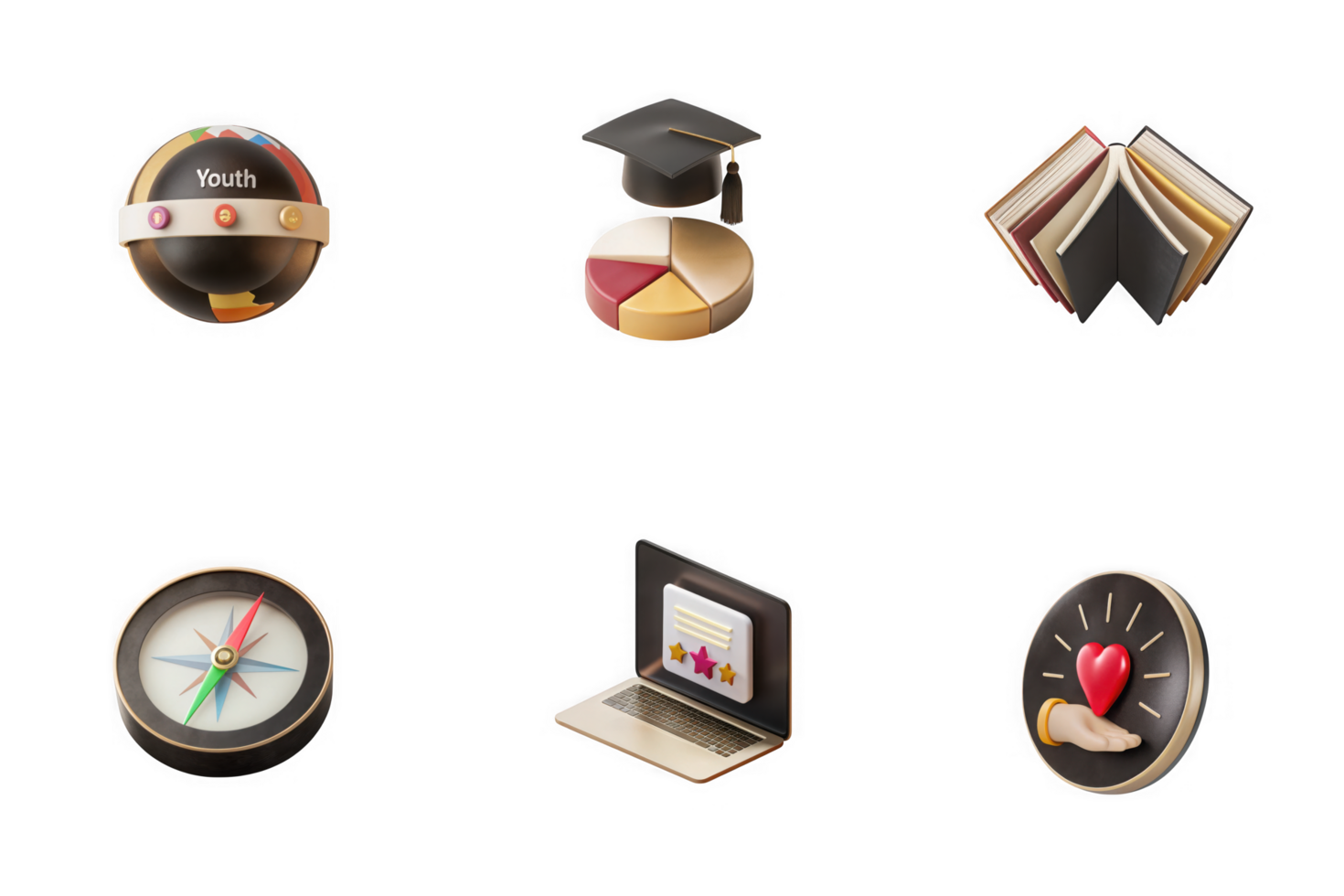 Globe graduation cap pie chart open book compass laptop heart hand Icon Set isolated on a transparent background png