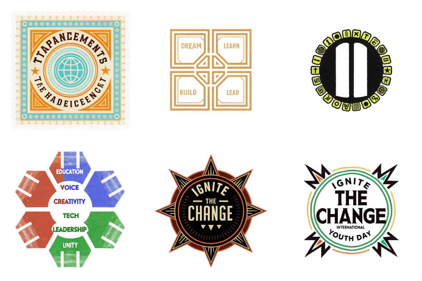 Stamp design with globe and text artwork with motivational phrases and circular emblems isolated on a transparent background png