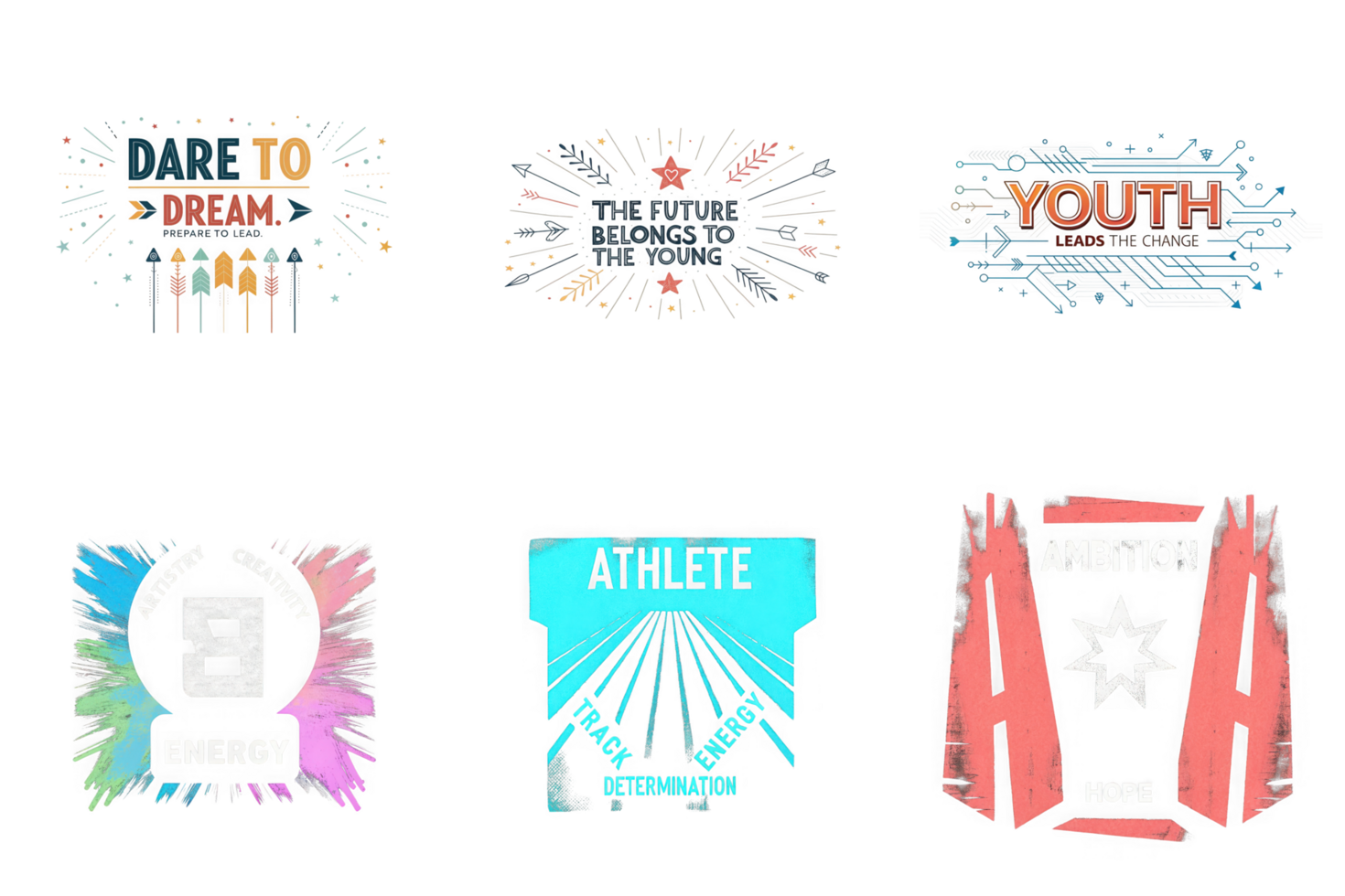 Motivational graphic designs with inspirational phrases and symbols isolated on a transparent background png