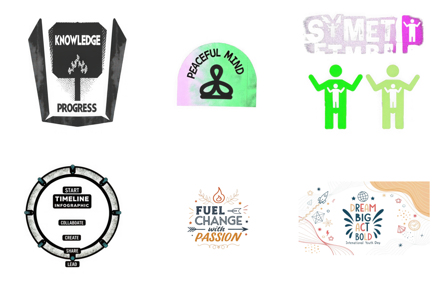 Graphic designs featuring motivational text and symbols isolated on a transparent background image png