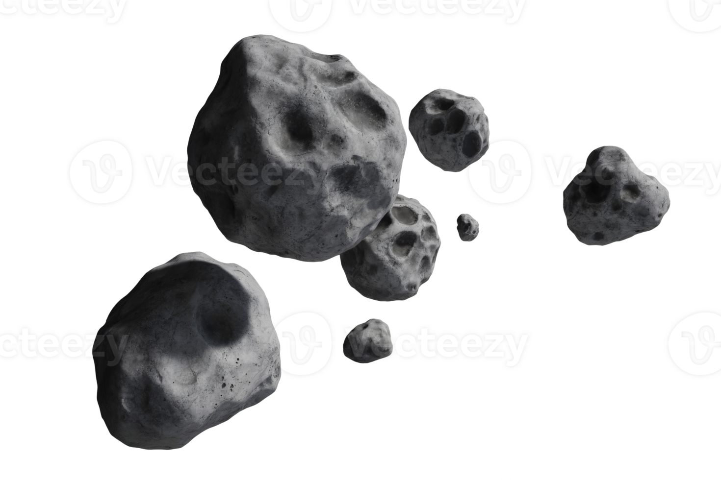 Asteroid field in space a high-resolution render of gray rocks floating in the black void ideal for science fiction backgrounds, transparent background png