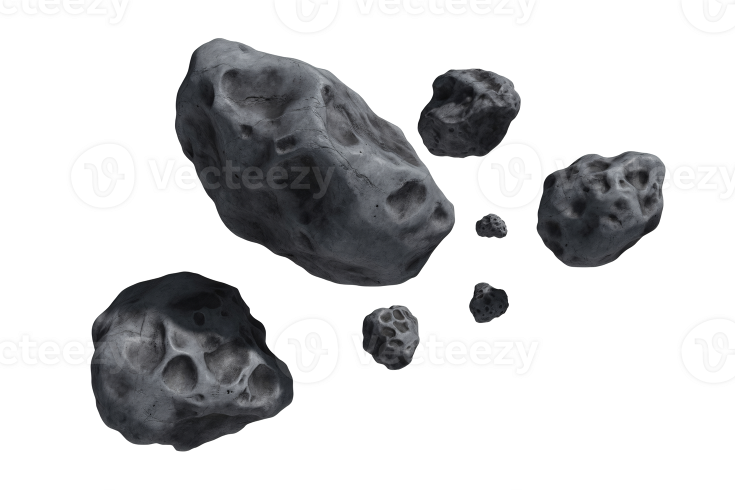 Space rocks asteroids cosmic debris floating in transparent background ideal for science fiction game design or astronomy projects png