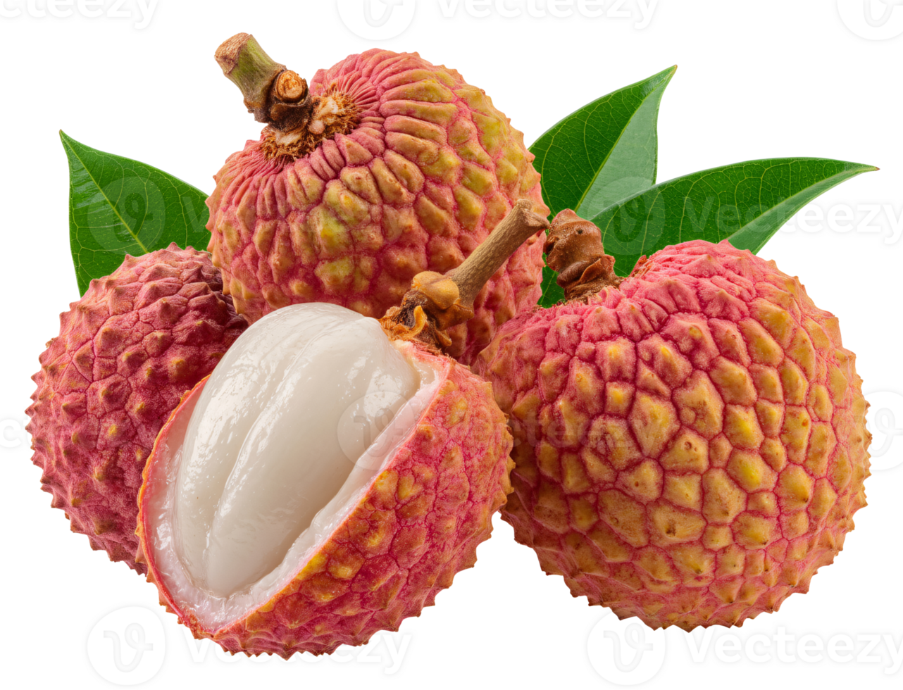 Fresh Lychees with Green Leaves A Vibrant Closeup of Sweet Tropical Fruit, transparent background png