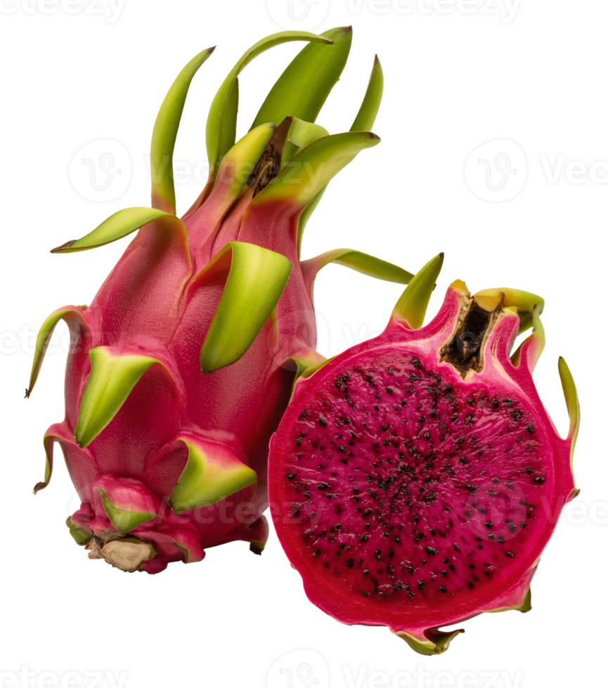Vibrant Dragon Fruit Closeup showcasing its Pink Skin and Deep Red Flesh against a transparent background ideal for food blogs and healthy eating publications png