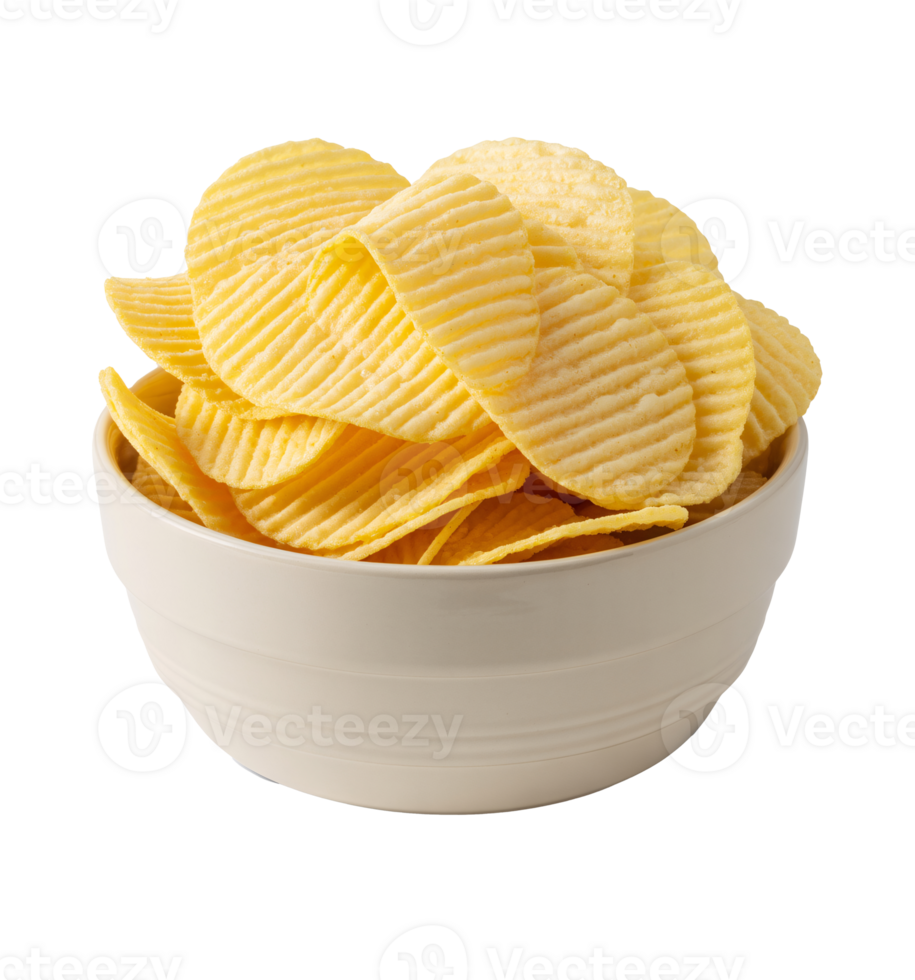 Crispy, golden potato chips in a bowl, perfect for snack food advertising or packaging design showcasing texture and deliciousness, transparent background png