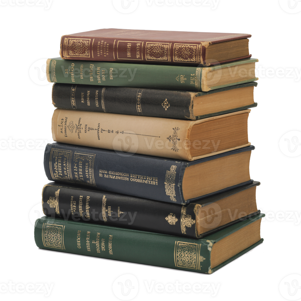 A Stack of Vintage Hardcover Books with Gilded Details and Rich Colors Shows a Collection of Classic Literature, transparent background png