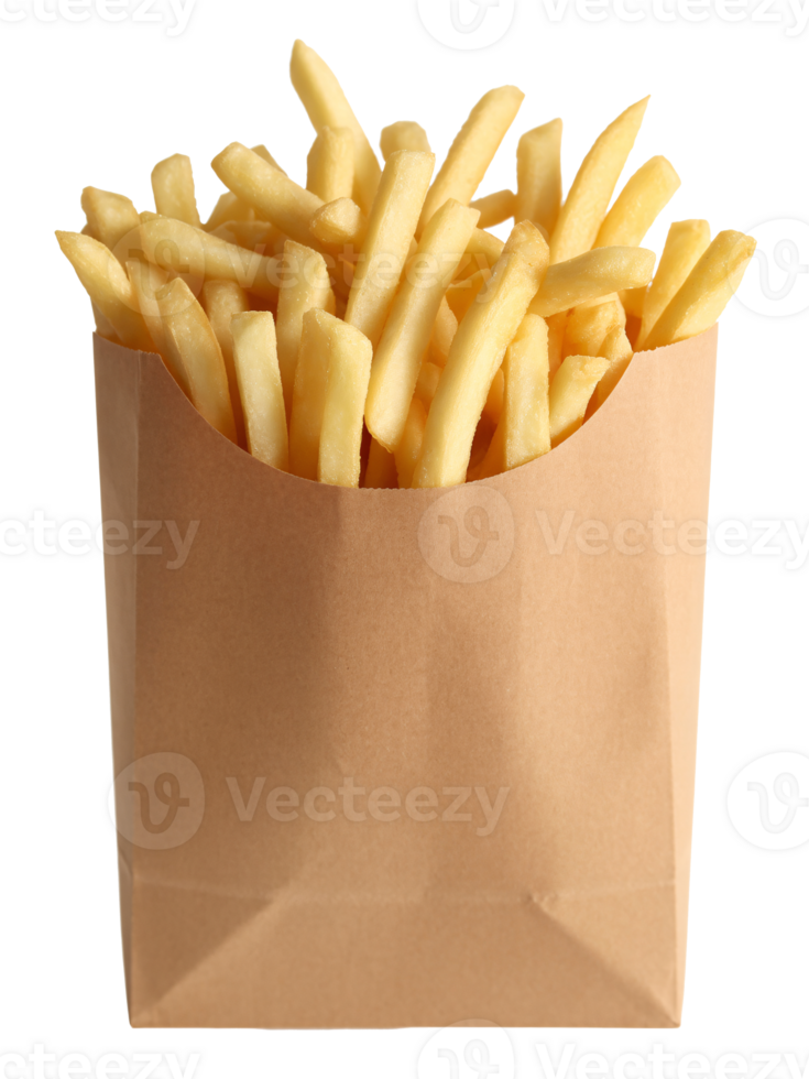 Delicious Golden French Fries in a Brown Paper Bag Perfect for Restaurant Menus Food Blogs and Packaging Designs, transparent background png