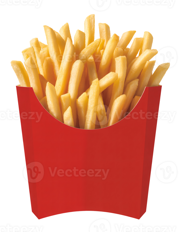 Delicious Golden French Fries in a Red Carton Perfect for Fast Food Menus or Restaurant Advertising, transparent background png