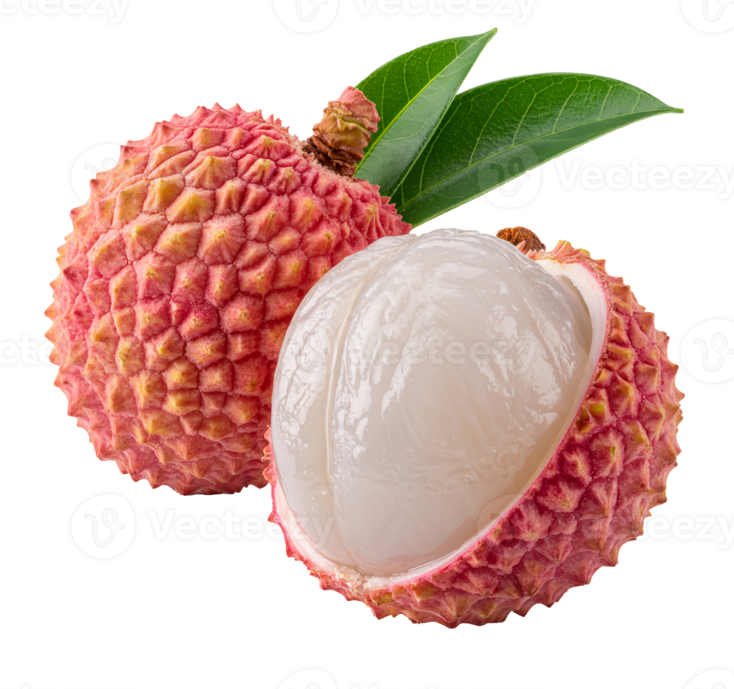Fresh Lychees with Green Leaves Isolated on transparent background Perfect for Food Advertising or Culinary Designs png
