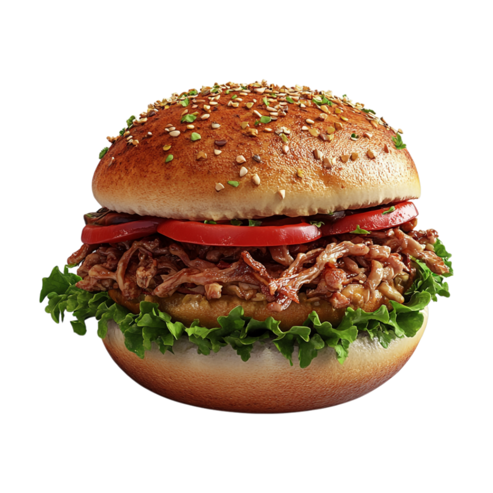 a pulled pork sandwich on a bun with lettuce and tomatoes png