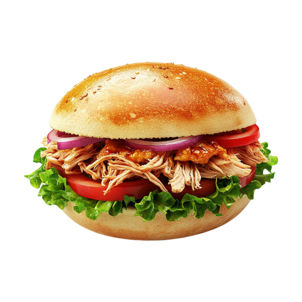 a pulled pork sandwich with lettuce and tomatoes on a bun png